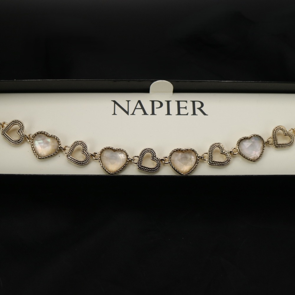 Napier Gold Tone Heart Link Bracelet Iridescent‎ Faceted Stones NIB